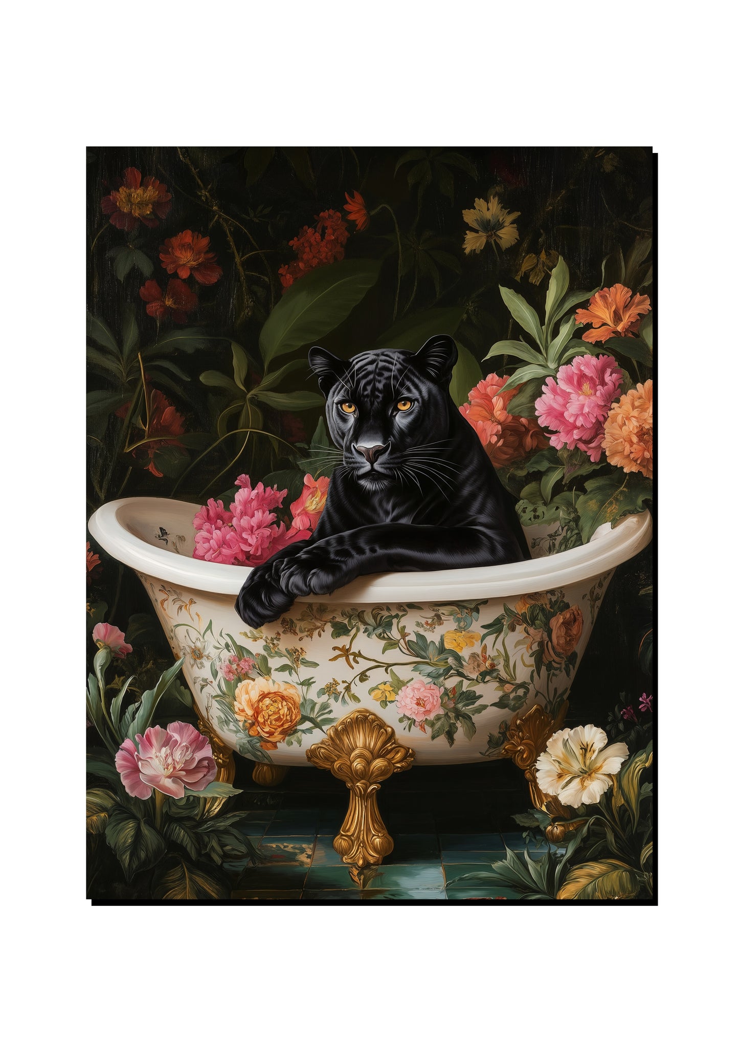 Floral Black Panther in the Bath art print