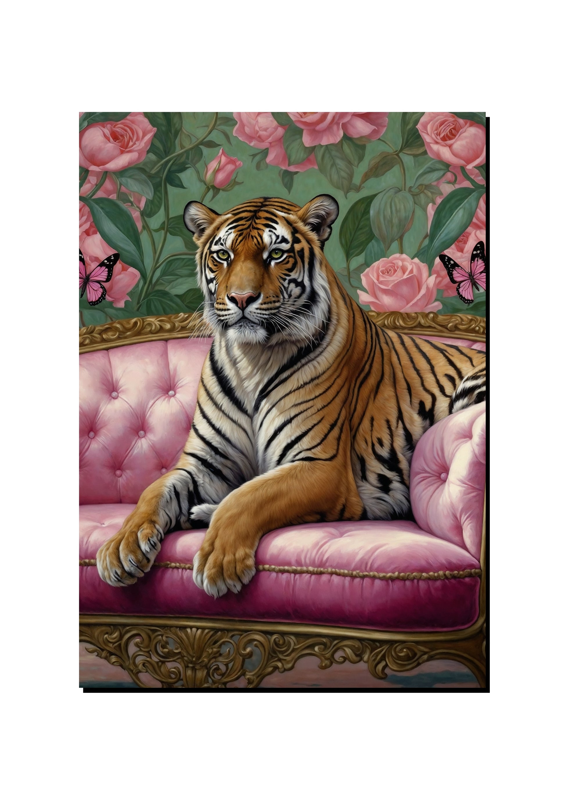Tiger Relaxing on a Pink Sofa art print