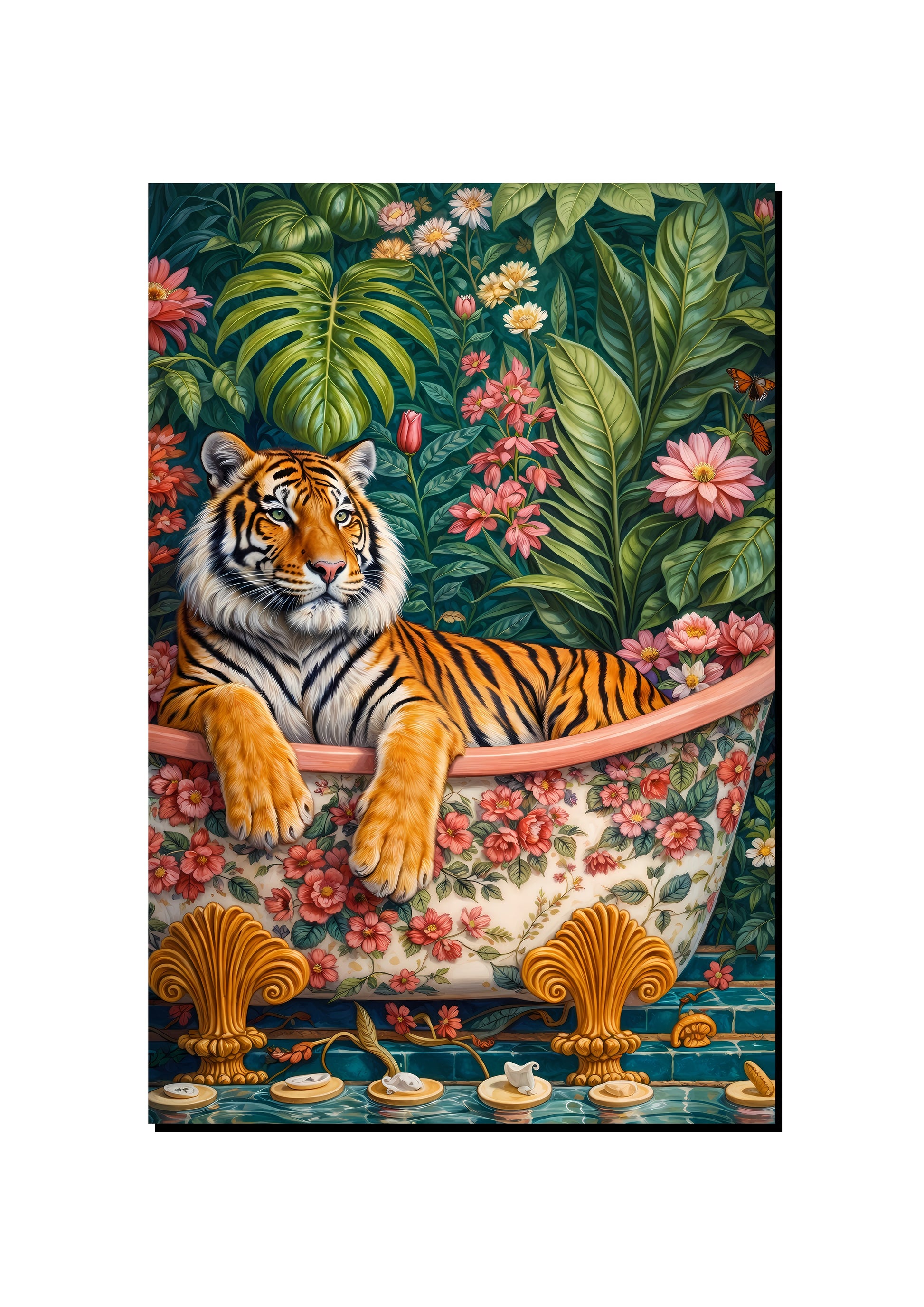 Floral Tiger in the Bath art print