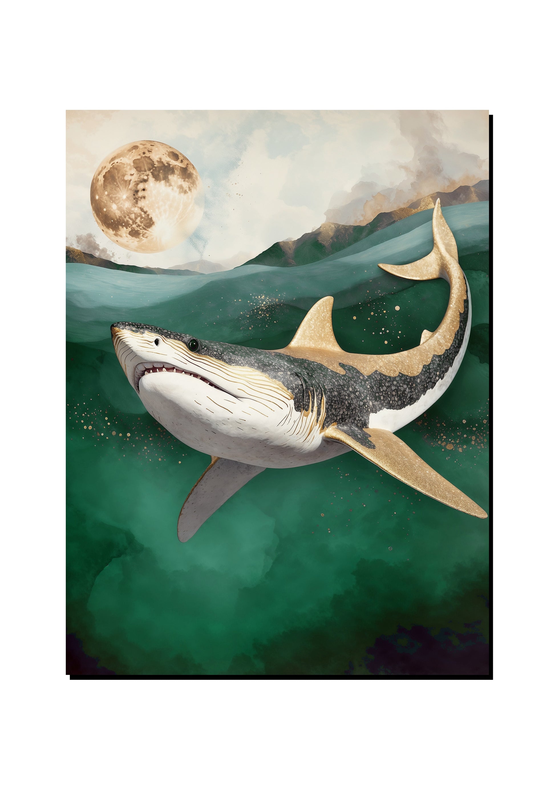 Deep Green Shark Textured Illustration art print