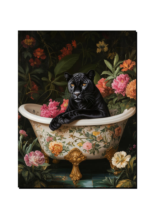 Floral Black Panther in the Bath art print