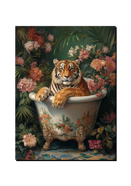 Floral Tropical Tiger in the Bath art print